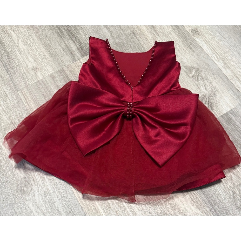 Girls Burgundy Satin Tulle Dress Big Bow Pearls Special Occasion 6 9 Months